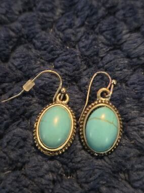 Vintage Southwestern Turquoise Dangle Earrings Oval Cabochon Silver Tone Boho...